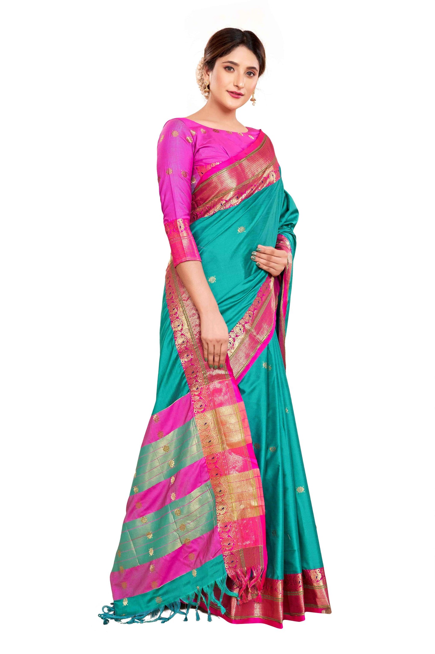 Reknit Mor Design Cotton Silk Saree (Color: Rama Pink)