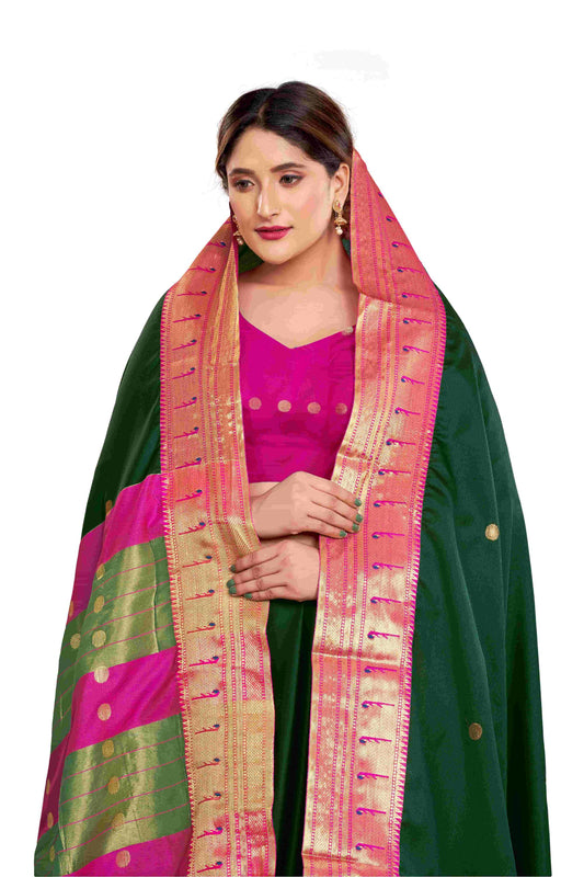 Reknit Single Munya Design Cotton Silk Saree Zari Buta All Over (Color: Bottle Green Pink)