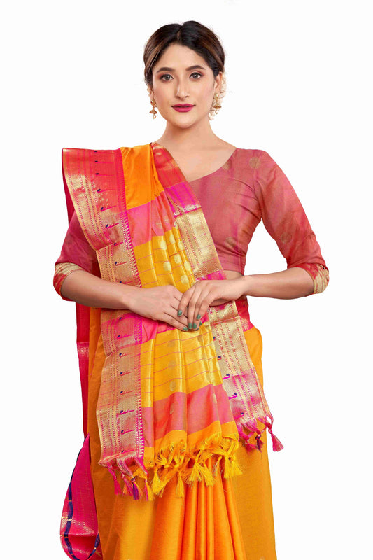 Reknit Single Munya Design Cotton Silk Saree Zari Buta All Over (Color: Gold Pink)