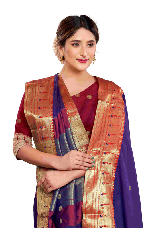 Reknit Single Munya Design Cotton Silk Saree Zari Buta All Over (Color: Navy Blue Red)