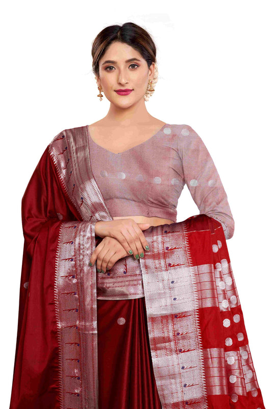 Reknit Single Munya Design Cotton Silk Saree Zari Buta All Over (Color: Maroon Silver)