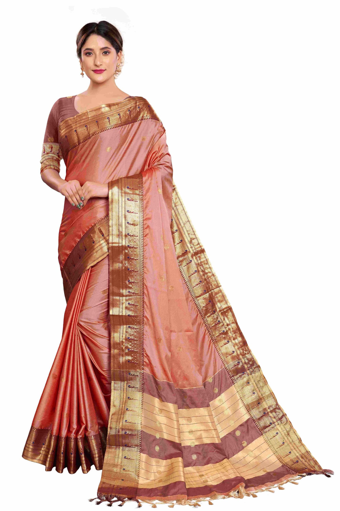 Reknit Single Munya Design Cotton Silk Saree Zari Buta All Over (Color: Beige Maroon)